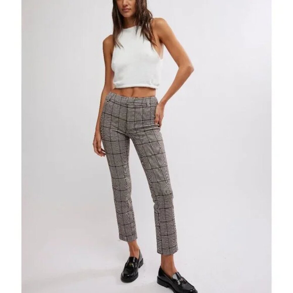 Free People Molly Plaid Slim Pant / Neutral Combo NWT - (6)